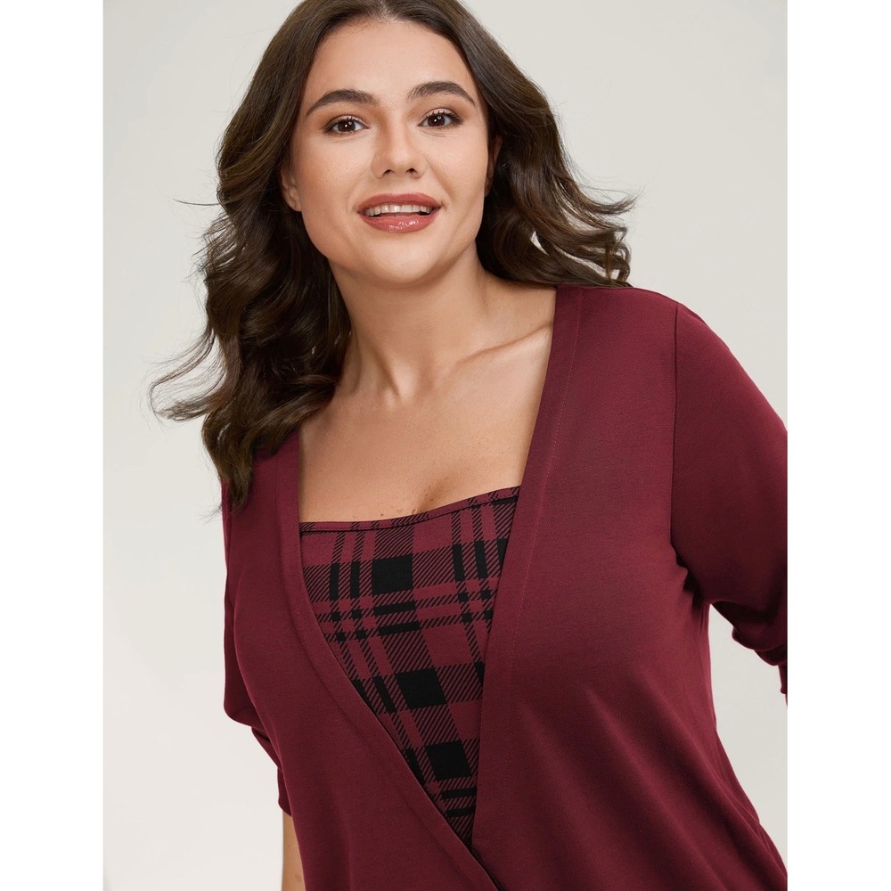 Bloomchic Womens 3X Plus Burgundy Plaid Insert Wrap V-Neck Long Sleeve Top
